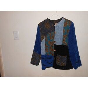 Alex Kim Blue Gold Embroidered Floral Geo Sparkle Loop Button Jacket M Blazer
